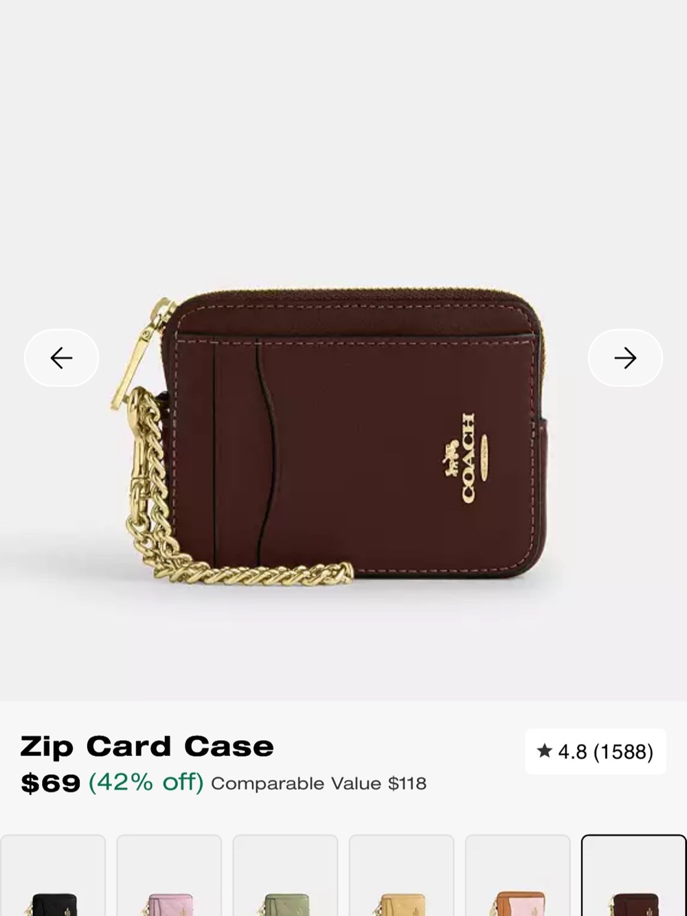 Coach Leather Zip Card Case with Gold Chain
